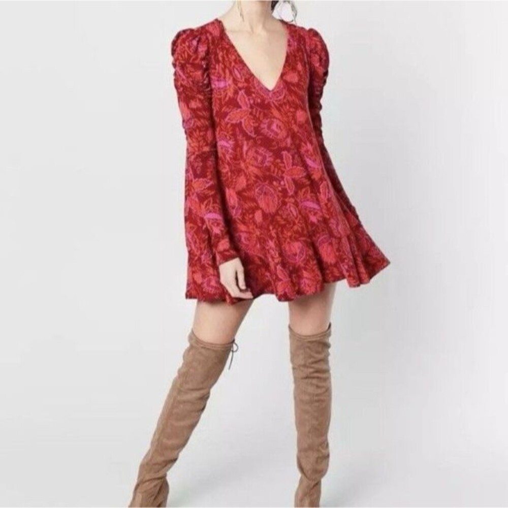 Free People Red/Pink Long Sleeve Mini Dress Floral Feminine Romantic V Neck